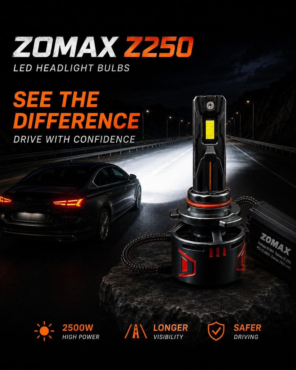 Zomax Z-250 LED Headlight Bulbs 2500W – H4 H11 9005 9006 With Carry Case
