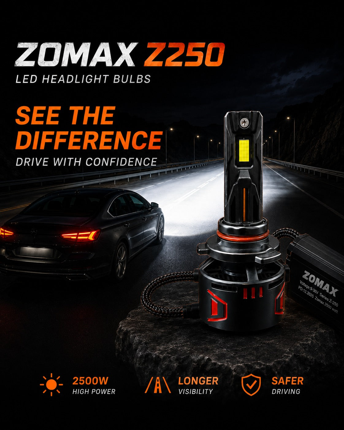 Zomax Z-250 LED Headlight Bulbs 2500W – H4 H11 9005 9006 With Carry Case
