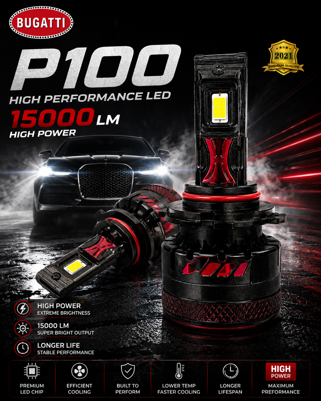 Bugatti P100 Professional LED Headlight Bulbs | H4 H11 9005 9006 | 1500W CSP Chip | Gold Edition