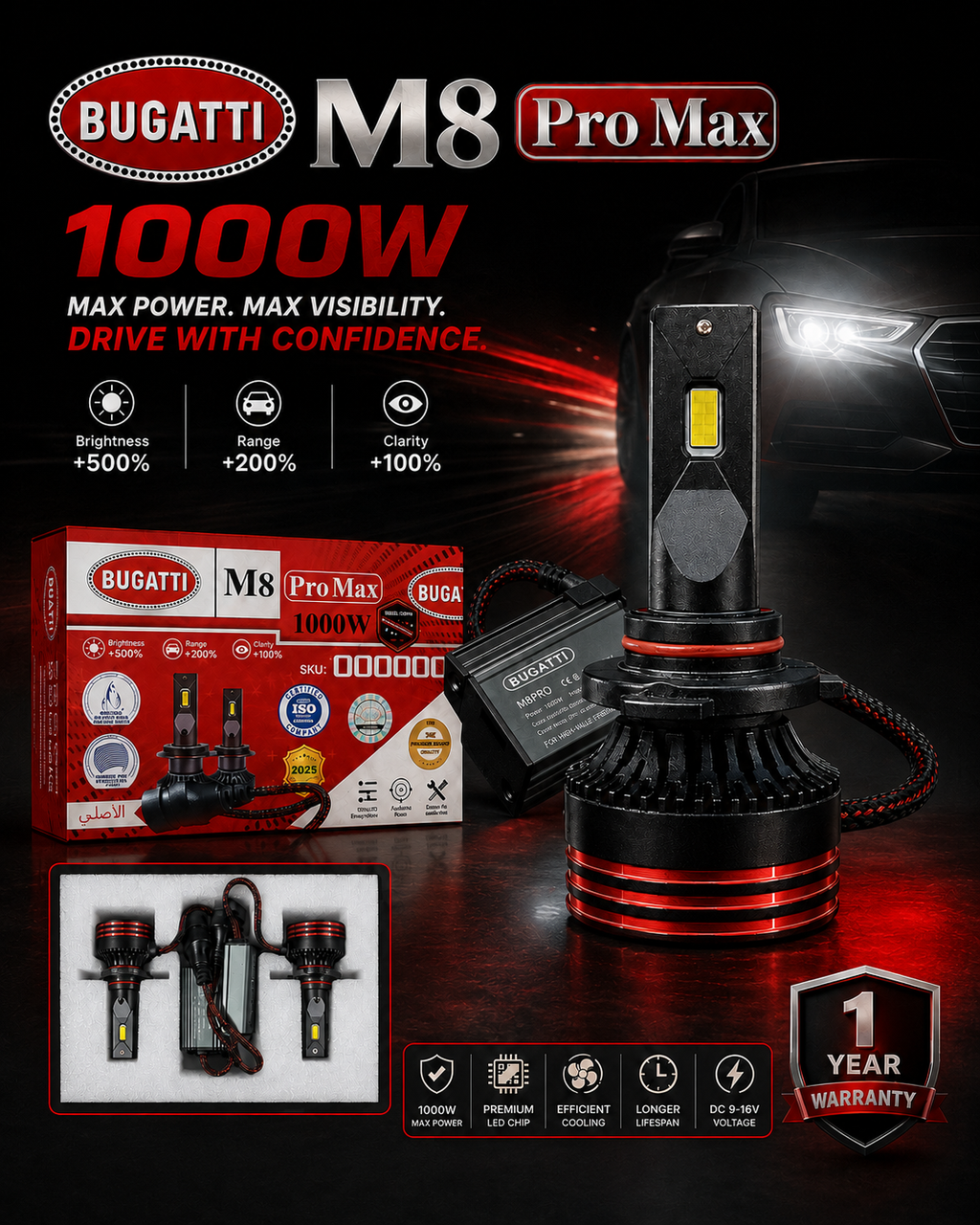 Bugatti M8 Pro Max 1000W LED Headlight Bulbs – 9,500,000 LM – 2 LED Bulbs
