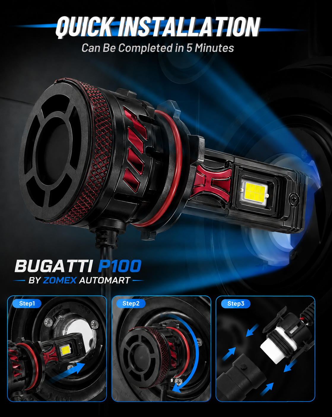 Bugatti P100 Professional LED Headlight Bulbs | H4 H11 9005 9006 | 1500W CSP Chip | Gold Edition