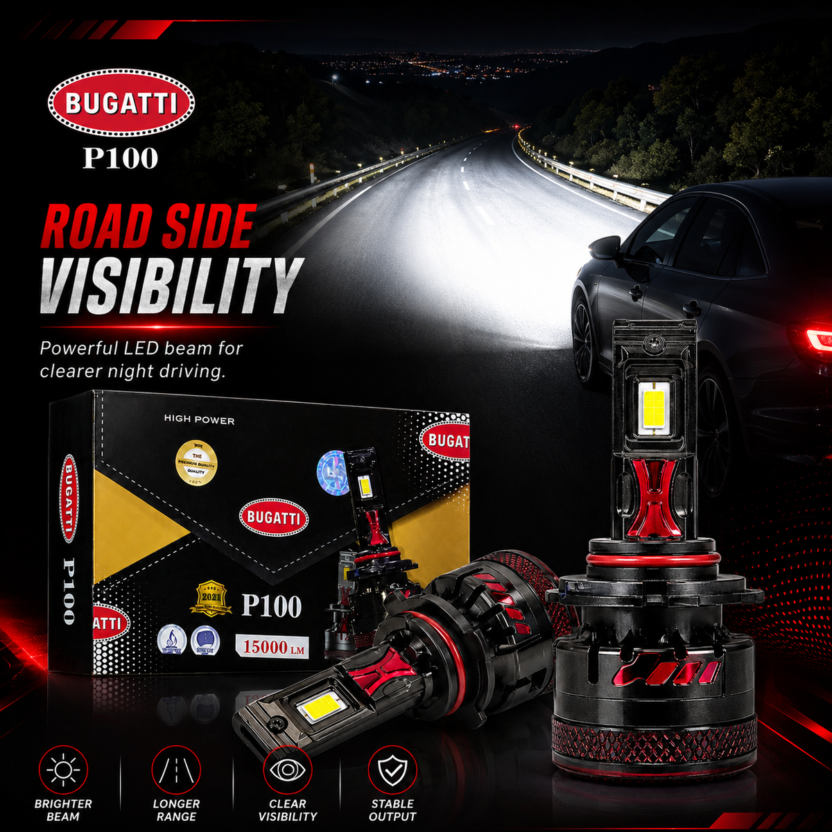 Bugatti P100 Professional LED Headlight Bulbs | H4 H11 9005 9006 | 1500W CSP Chip | Gold Edition