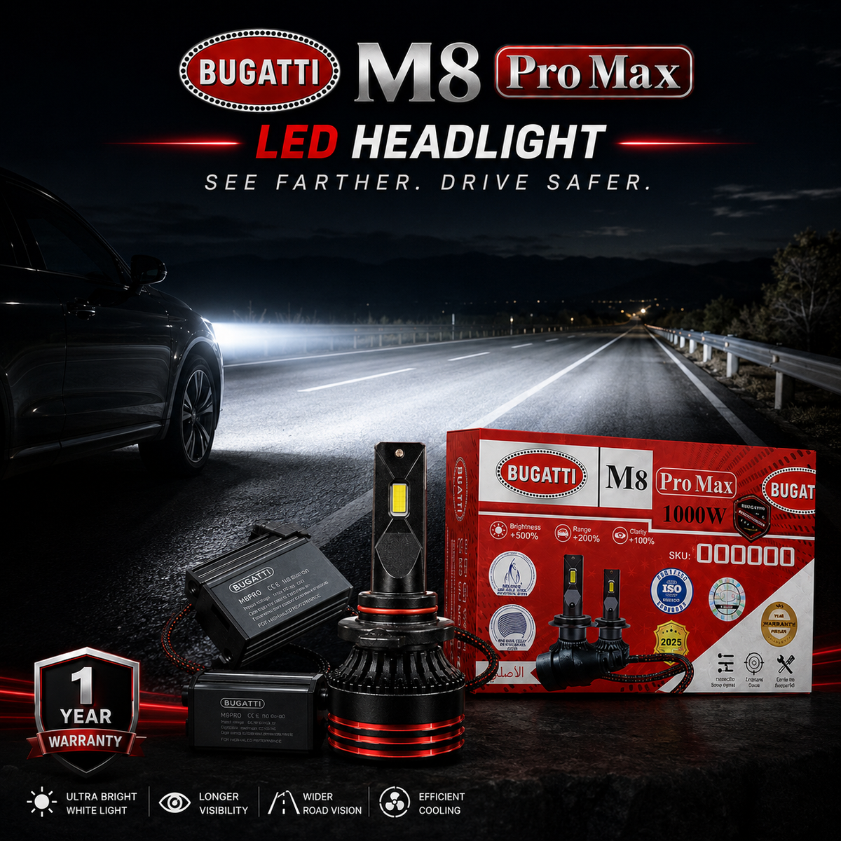 Bugatti M8 Pro Max 1000W LED Headlight Bulbs – 9,500,000 LM – 2 LED Bulbs