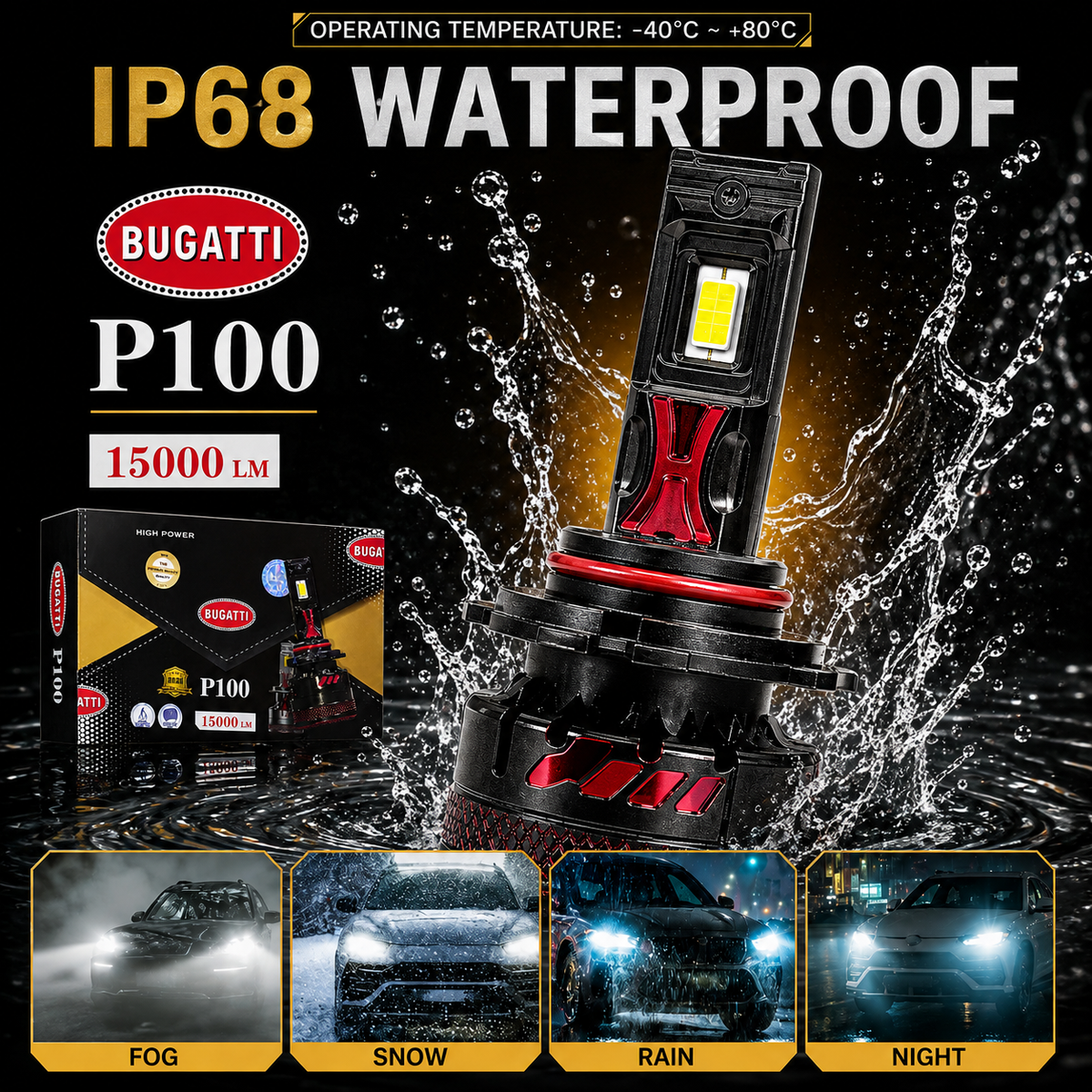 Bugatti P100 Professional LED Headlight Bulbs | H4 H11 9005 9006 | 1500W CSP Chip | Gold Edition