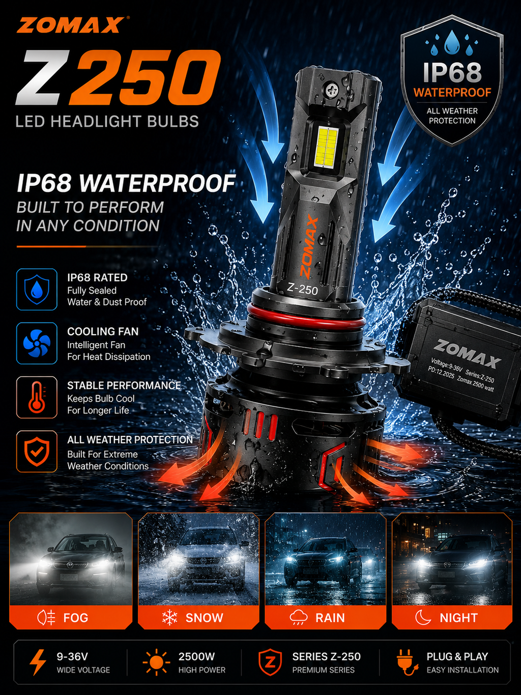 Zomax Z-250 LED Headlight Bulbs 2500W – H4 H11 9005 9006 With Carry Case