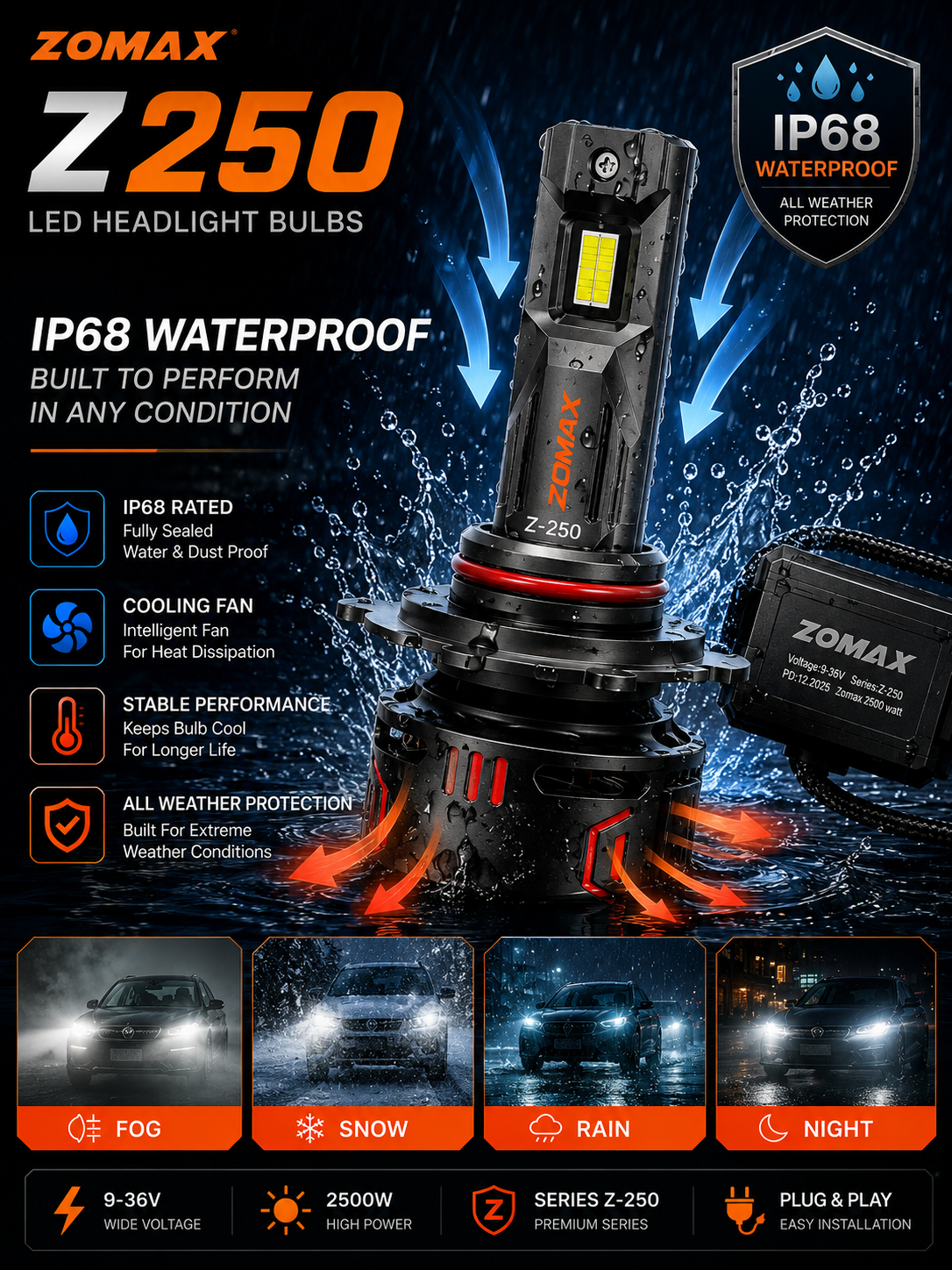 Zomax Z-250 LED Headlight Bulbs 2500W – H4 H11 9005 9006 With Carry Case